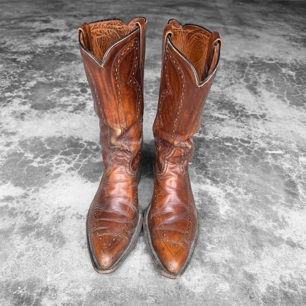 True vintage 1970's ACME USA tooled brown leather mock toe Cowboy western boots